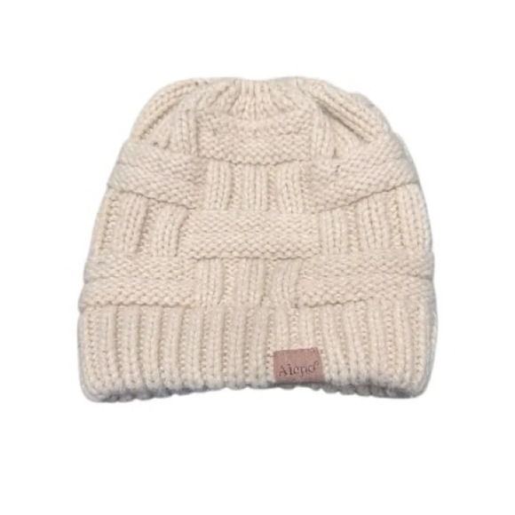NWOT Alepo Womens High Messy Bun Beanie Hat with Ponytail Hole beige - Picture 1 of 5